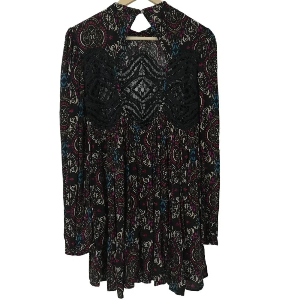 Free People Boho Lace Tunic Mini Dress Size XS Sheer Open Back Long Sleeve Black